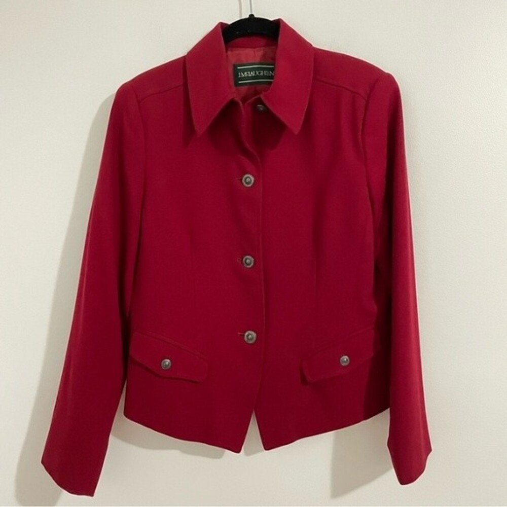 J. McLaughlin Red Wool BlazerJacket Size 8 Silver Military Button Preppy Layer